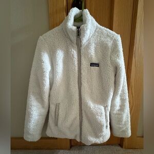Patagonia white jacket with light gray trim and white interior lining. EUC